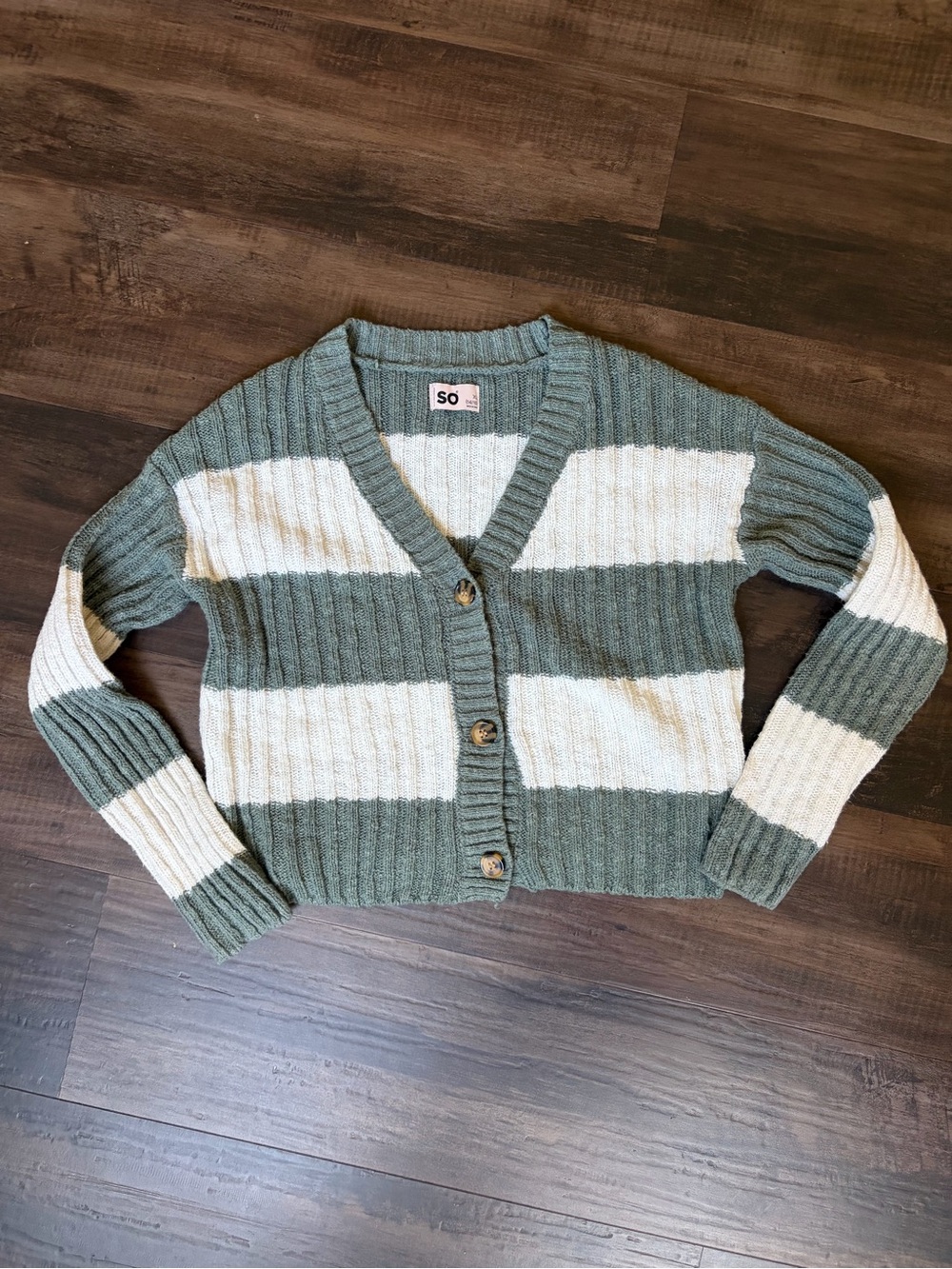 SO Olive Green and Cream Wide-Stripe Ribbed Button Cardigan